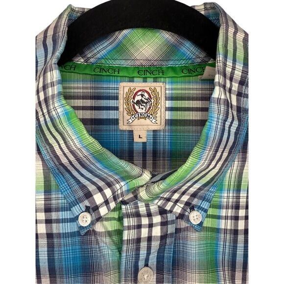 Cinch Men’s Large Short Sleeve Button Up Shirt Blue Green Plaid Western Rodeo - Picture 3 of 5